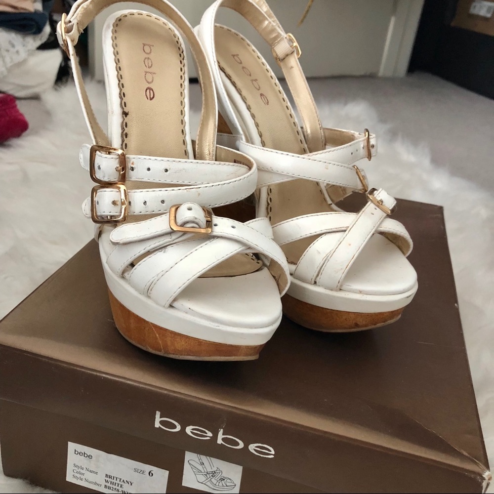 Bebe Brittany white platform wood gold strappy buckle wedges size 6